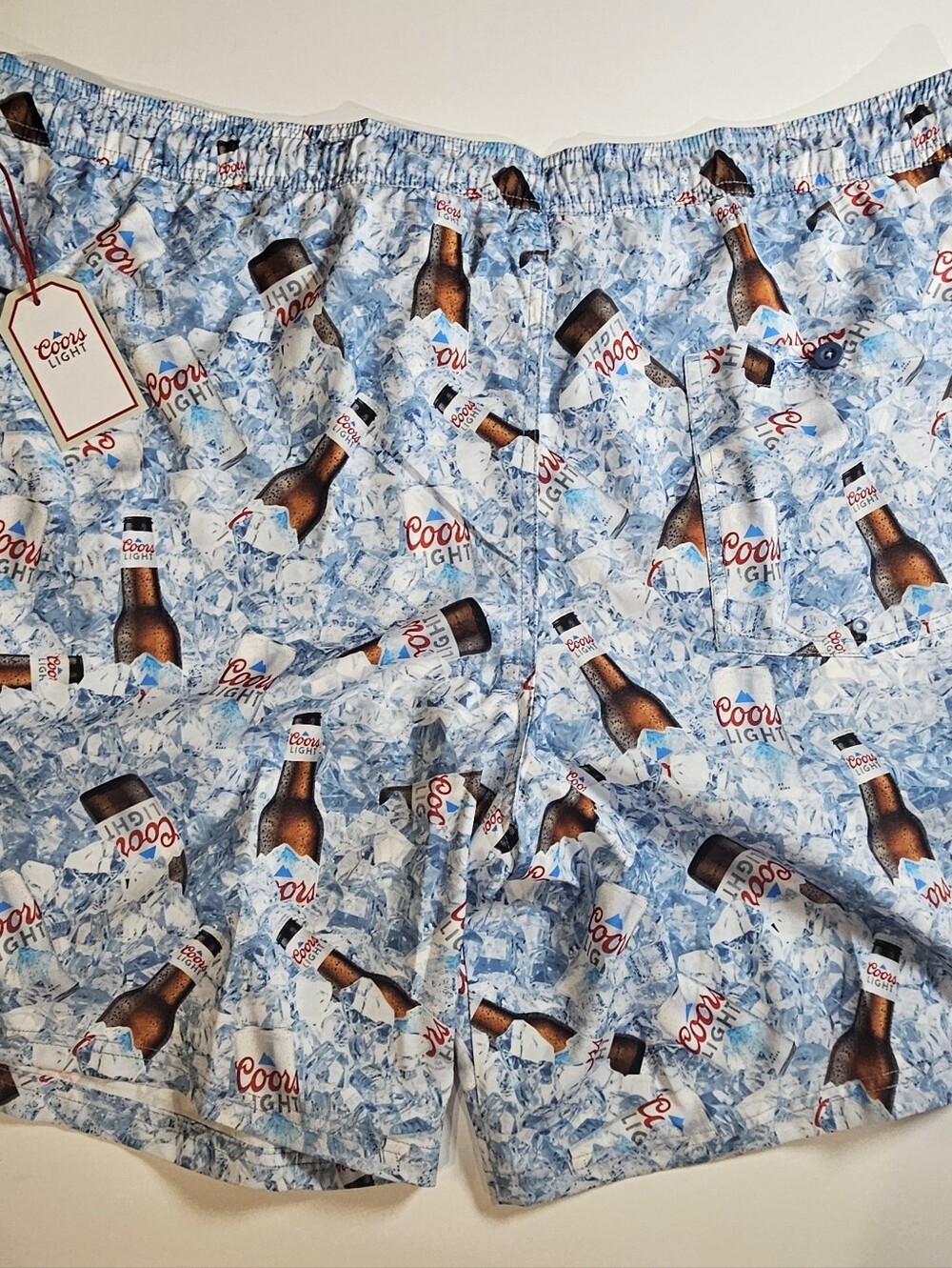 NWT Coors Light Swim Trunks Mens 3XLT Blue White Beer Bottle Print Festival Wear